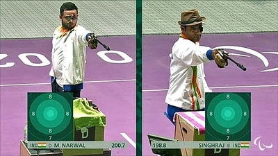 Shooters Manish Narwal and Singhraj Adhana clinch Gold and Silver medals respectively in the P4 - Mixed 50m Pistol SH1 final event at Tokyo Paralympics 2020, in Tokyo on Saturday. (ANI)
