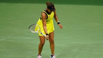 Naomi Osaka, of Japan, throws her racket down during a match against Leylah Fernandez, of Canada, at the third round of the US Open tennis championships, Friday, Sept. 3, 2021, in New York. (AP Photo/Frank Franklin II) (AP) Naomi Osaka, of Japan, throws her racket down during a match against Leylah Fernandez, of Canada, at the third round of the US Open tennis championships, Friday, Sept. 3, 2021, in New York. (AP Photo/Frank Franklin II) (AP)
