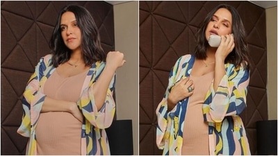 Pregnant Neha Dhupia dazzles in nude dress and colourful shrug, Saba Ali Khan reacts (Instagram/@nehadhupia) Pregnant Neha Dhupia dazzles in nude dress and colourful shrug, Saba Ali Khan reacts (Instagram/@nehadhupia)