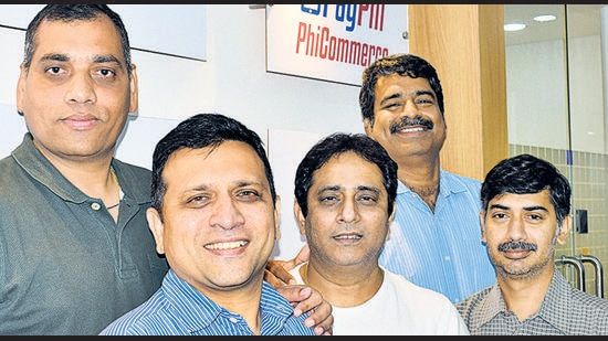 (From left) Co-founders of PhiCommerce Rajesh Londe, Jose Thattil, Tushar Shankar, Anil Sharma, and Rajkumar Subbaraj. (HT PHOTO)