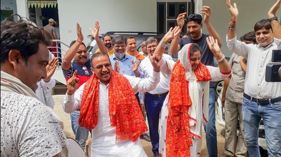 Family members and relatives of shooter Manish Narwal celebrating as he won gold medal in the mixed 50m pistol event at the Tokyo 2020 Paralympics on Saturday. (PTI)