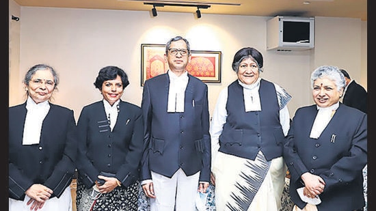 Chief Justice of India NV Ramana with the four women judges. (HT PHOTO)