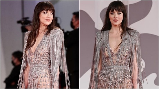 Dakota Johnson in sheer embellished silver gown looks bold and beautiful at Venice Film Festival(Instagram/@DakoholicOfficial)
