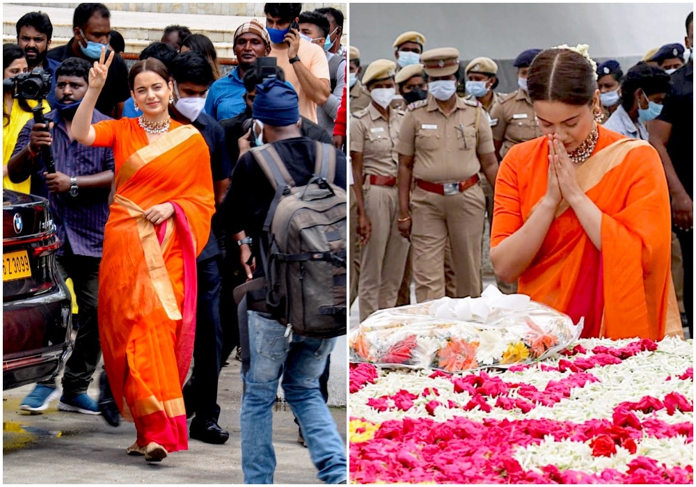 Kangana Ranaut paid her respects to former Tamil Nadu chief minister J Jayalalithaa at her memorial in Chennai on Saturday. Kangana Ranaut paid her respects to former Tamil Nadu chief minister J Jayalalithaa at her memorial in Chennai on Saturday. 