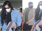 Newlywed couple Rhea Kapoor and Karan Boolani were snapped at the Mumbai airport today, September 5. Weeks after tying the knot in an intimate ceremony at Anil Kapoor's house, the couple were seen taking a flight out of the bay.(HT Photo/Varinder Chawla)