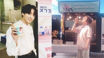 BTS members Jungkook and V got coffee trucks from their friends. BTS members Jungkook and V got coffee trucks from their friends. 