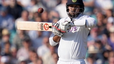 India's Umesh Yadav plays a shot off the bowling of England's Craig Overton on day four of the fourth Test match at The Oval cricket ground in London, Sunday, Sept. 5, 2021. (AP Photo/Kirsty Wigglesworth) (AP) India's Umesh Yadav plays a shot off the bowling of England's Craig Overton on day four of the fourth Test match at The Oval cricket ground in London, Sunday, Sept. 5, 2021. (AP Photo/Kirsty Wigglesworth) (AP)