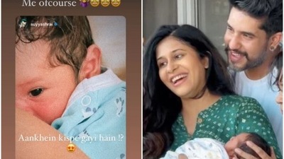 Kishwer Merchant and Suyyash Rai shared the picture showing their son Nivair's face. Kishwer Merchant and Suyyash Rai shared the picture showing their son Nivair's face.