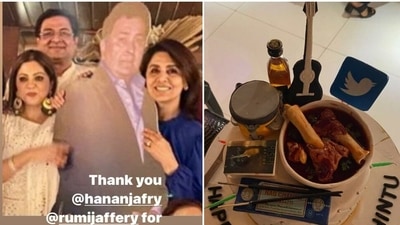 Neetu Kapoor with late Rishi Kapoor's cutout (right) his 69th birthday cake. Neetu Kapoor with late Rishi Kapoor's cutout (right) his 69th birthday cake.