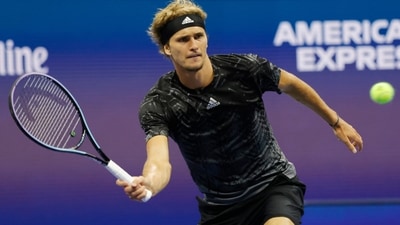 Alexander Zverev of Germany hits a volley against Jack Sock of the United States (not pictured) on day six of the 2021 U.S. Open tennis tournament at USTA Billie Jean King National Tennis Center. (USA TODAY Sports)