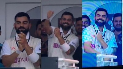 Virat Kohli reacts to Rohit Sharma's hundred during the third day of the Oval Test (HT Collage) Virat Kohli reacts to Rohit Sharma's hundred during the third day of the Oval Test (HT Collage)