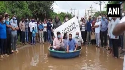 The residents planted the saplings and also offered boat rides to protest against the poor condition of roads. (ANI Photo) The residents planted the saplings and also offered boat rides to protest against the poor condition of roads. (ANI Photo)