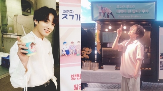 BTS members Jungkook and V got coffee trucks from their friends. BTS members Jungkook and V got coffee trucks from their friends. 
