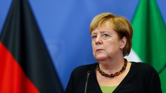 German Chancellor Angela Merkel addresses a news conference in Hagen, Germany. She said Germany will hold talks with the Taliban regarding evacuation of &nbsp;people who worked for Germany.&nbsp;(Reuters)