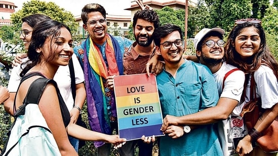 People celebrate after the Supreme Court's verdict on Section 377 in New Delhi on September 6, 2018.(HT Photo)