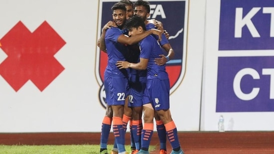 Indian players celebrate the second goal against Nepal.&nbsp;(AIFF)