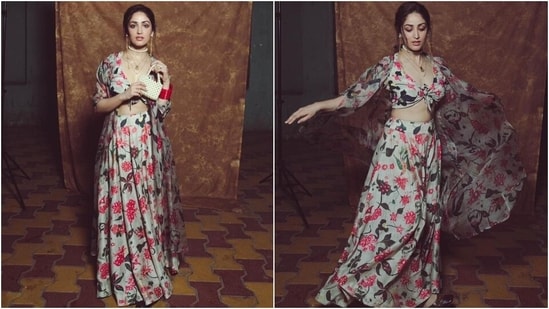 Yami took to Instagram recently to share pictures of herself dressed in another gorgeous outfit for the film's promotional event. She wore a mint-coloured bralette and skirt set adorned with floral patterns in pink, green and yellow shades. The blouse featured a front knot and a plunging neckline.(Instagram/@yamigautam)