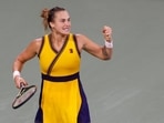 Aryna Sabalenka of Belarus celebrates after match point against Elise Mertens of Belgium at the 2021 US Open