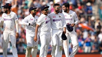 India's players celebrate taking the wicket of England's Chris Woakes on day five of the fourth Test match at The Oval cricket ground in London, Monday, Sept. 6, 2021. (AP) India's players celebrate taking the wicket of England's Chris Woakes on day five of the fourth Test match at The Oval cricket ground in London, Monday, Sept. 6, 2021. (AP)