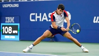 Carlos Alcaraz of Spain in action (AP) Carlos Alcaraz of Spain in action (AP)