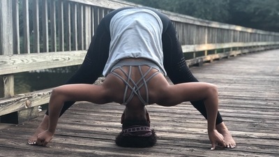 3.Prasarita padottasana or wide-legged standing forward bend: Keep a parallel distance of about 3 to 4 feet between your legs and place your hands on your hips. With your legs and spine intensely stretched, inhale, lift your chest up tall through your whole torso and fold slowly over your legs. Begin to stretch your torso forward by placing your hands flat on the floor and keeping them shoulder-width apart. Fold deeper, bringing your head toward the floor. 3.Prasarita padottasana or wide-legged standing forward bend: Keep a parallel distance of about 3 to 4 feet between your legs and place your hands on your hips. With your legs and spine intensely stretched, inhale, lift your chest up tall through your whole torso and fold slowly over your legs. Begin to stretch your torso forward by placing your hands flat on the floor and keeping them shoulder-width apart. Fold deeper, bringing your head toward the floor.