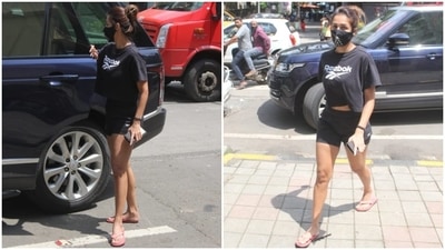 The star teamed the top with matching black biker shorts and pink-coloured flip flops. (HT Photo/Varinder Chawla)