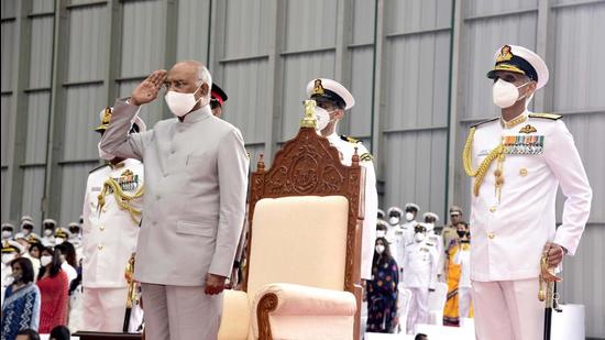 President Ram Nath Kovind salutes as he presents the President’s Colour to Indian Naval Aviation at INS Hansa, on Monday. (ANI)