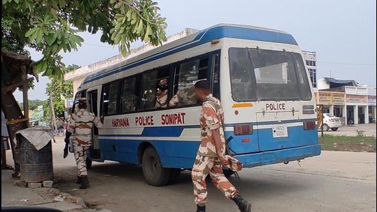 Security forces at Karnal grain market Monday. (Sourced) Security forces at Karnal grain market Monday. (Sourced)