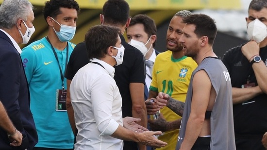 Argentina's Lionel Messi and Brazil's Neymar are seen as the qualifier match was suspended due to coronavirus dispute(REUTERS)