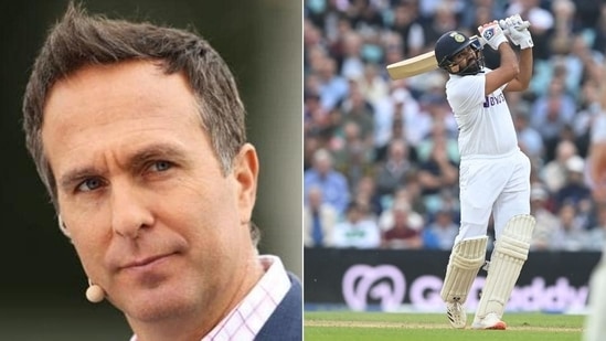 Former England captain Michael Vaughan (L) and India opener Rohit Sharma (R)(HT Collage)
