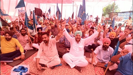 Members of the Punjab Roadways, Punbus and PRTC Contractual Workers’ Union protesting against the state government in Bathinda on Monday.