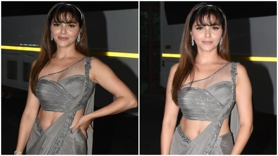 Rubina Dilaik in silver embellished saree goes bold and sexy on Bigg Boss OTT sets(HT Photo/Varinder Chawla)