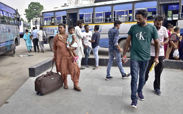 Passengers stranded at the Ludhiana bus stand due to the strike on Monday. (Gurpreet Singh/HT) Passengers stranded at the Ludhiana bus stand due to the strike on Monday. (Gurpreet Singh/HT)