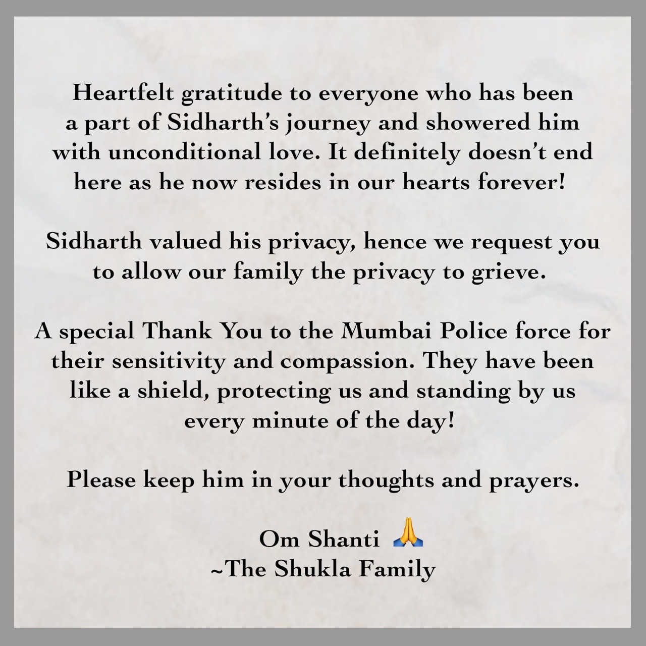 The statement issued by Sidharth Shukla’s family.