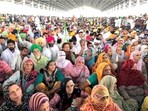 Farmers attend a Kisan Mahapanchayat in Karnal on Tuesday. (ANI)