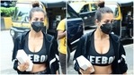 Malaika Arora gave a monochrome upgrade to her gym look today. She was snapped outside her yoga studio in Mumbai wearing trendy clothes, and she gave us workout fashion goals in them.