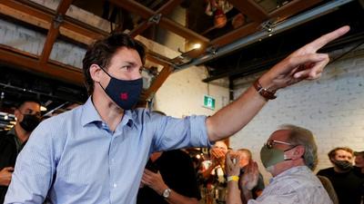 Prime Minister Justin Trudeau gestures during the Canada elections campaign trail in Brantford, Ontario on September 6, 2021. He was later hit by stones at a rally in London, Ontario ahead of the September 20 elections. (REUTERS) Prime Minister Justin Trudeau gestures during the Canada elections campaign trail in Brantford, Ontario on September 6, 2021. He was later hit by stones at a rally in London, Ontario ahead of the September 20 elections. (REUTERS)