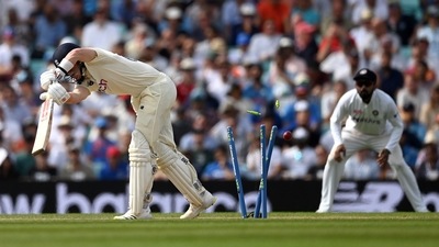 England's Ollie Pope getting bowled by India's Jasprit Bumrah during the 5th day of the Fourth Test at The Oval (ANI)
