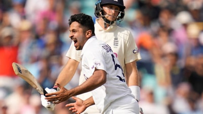 Shardul Thakur celebrates taking the wicket of England's Joe Root (AP) Shardul Thakur celebrates taking the wicket of England's Joe Root (AP)