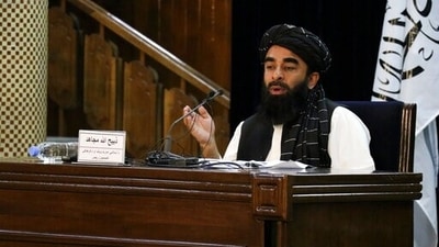 Taliban spokesman Zabihullah Mujahid speaks during a press conference in Kabul, Afghanistan. (AP)