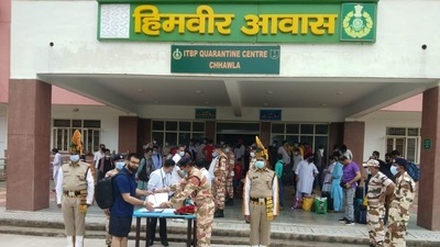 The evacuees from Afghanistan leave ITBP facility in Chhawla on Tuesday morning.