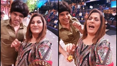 Krushna Abhishek with Archana Puran Singh on the sets of The Kapil Sharma Show. Krushna Abhishek with Archana Puran Singh on the sets of The Kapil Sharma Show.