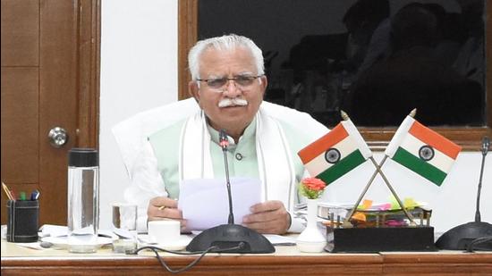 Haryana chief minister Manohar Lal Khattar during the high-powered purchase committee meeting on Tuesday. (HT PHOTO) Haryana chief minister Manohar Lal Khattar during the high-powered purchase committee meeting on Tuesday. (HT PHOTO)