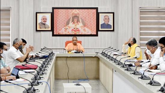 Uttar Pradesh Chief Minister Yogi Adityanath at the Covid-19 review meeting. (HT Photo)