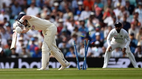 England's Ollie Pope getting bowled by India's Jasprit Bumrah during the 5th day of the Fourth Test at The Oval(ANI)