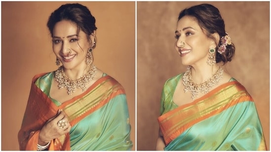 Madhuri Dixit charms her way into our hearts in silk saree perfect for Ganesh Chaturthi 2021(Instagram/@madhuridixitnene)