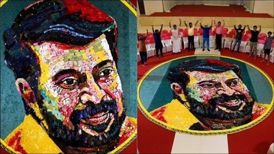 Mammootty fan creates giant portrait using 600 cellphones on his 70th birthday(Twitter/ModiuAthif)