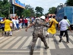 Police personnel use lathicharge on BJP protesters during Jharkhand Assembly march as they protest against Chief Minister Hemant Soren and Assembly Speaker Rabindra Nath Mahato after allotting a room in the Jharkhand Assembly House to offer Namaz.