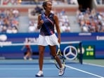 Leylah Fernandez of Canada reacts after winning a point against Elina Svitolina of Ukraine