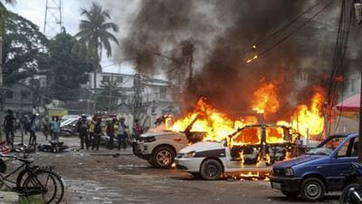 Vehicles in flames after clashes between BJP supporters and CP(M) activists in Agartala on Wednesday. (PTI) Vehicles in flames after clashes between BJP supporters and CP(M) activists in Agartala on Wednesday. (PTI)